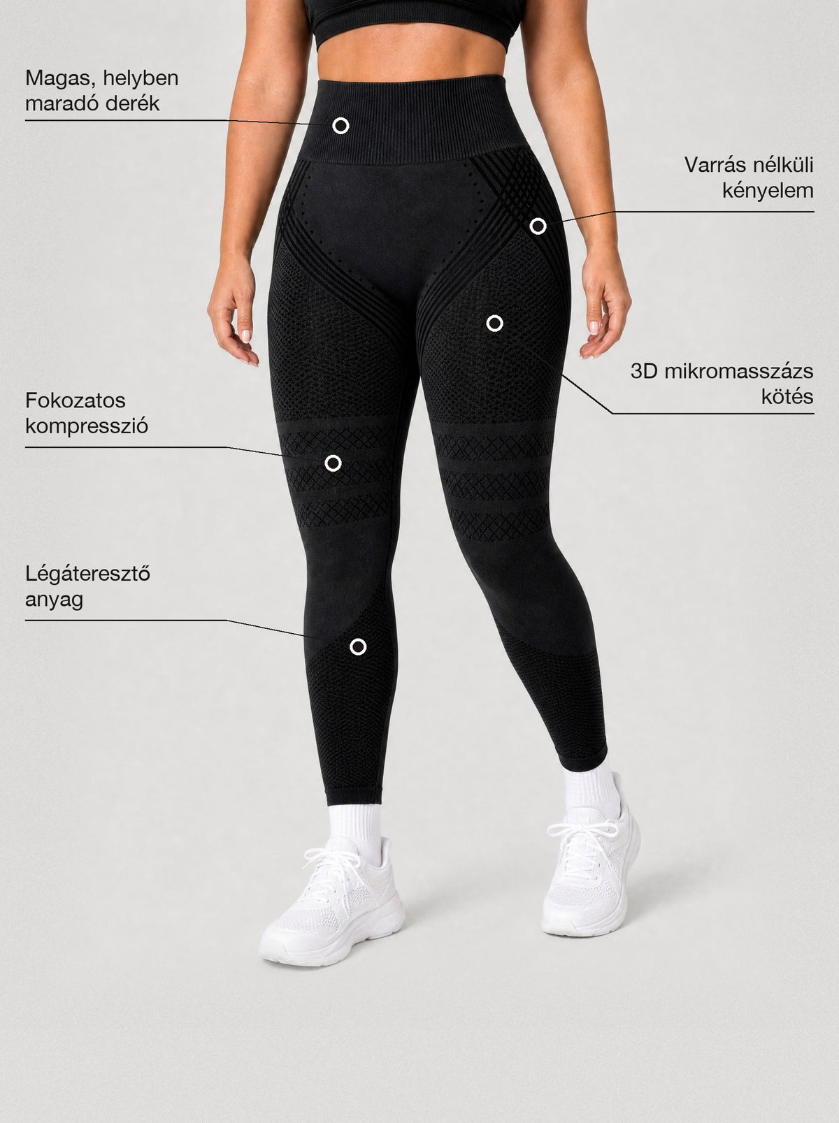 SHAPRESS SCULPT™ alakformáló leggings – tulajdonságok: magas, helyben maradó derék, fokozatos kompresszió, légáteresztő anyag, varrás nélküli kényelem, 3D mikromasszázs kötés